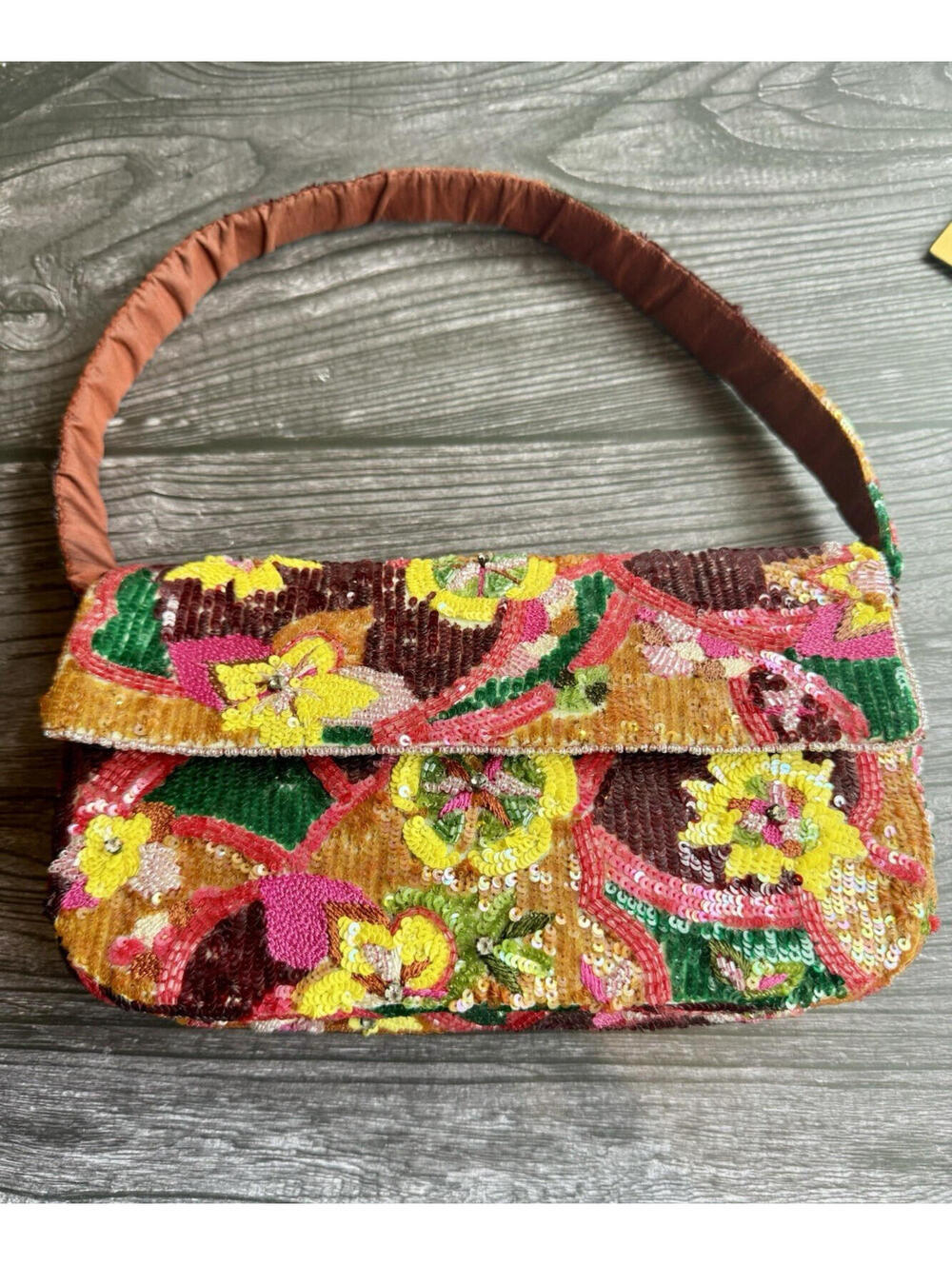 Vintage Santi Sequin Floral Embroidered Clutch Purse Pink Multicolor 9x4